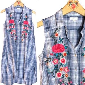 Kyla Seo Shirtdress Blue Plaid Sleeveless Floral Embroidery